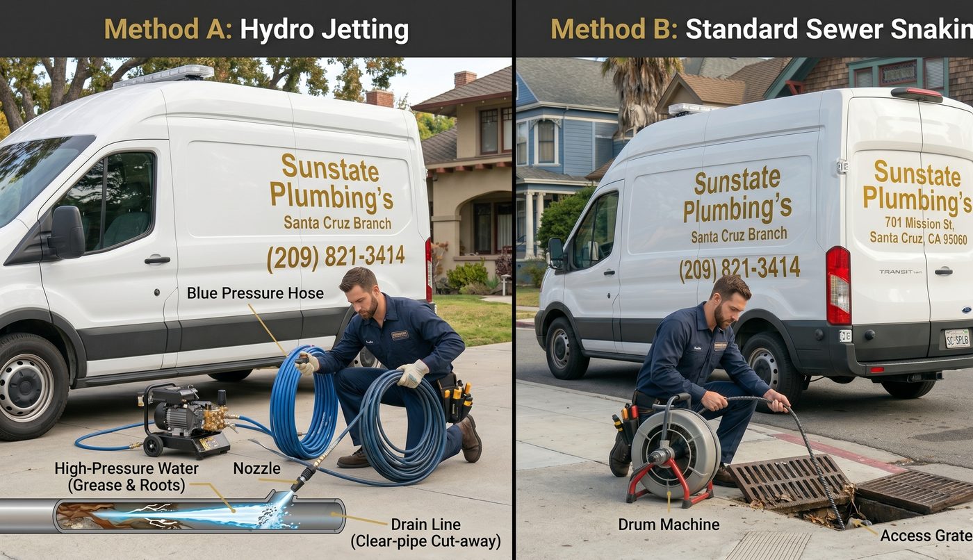 Sunstate Plumbing's drain cleaning vs hydro jetting comparison — expert plumber with equipment