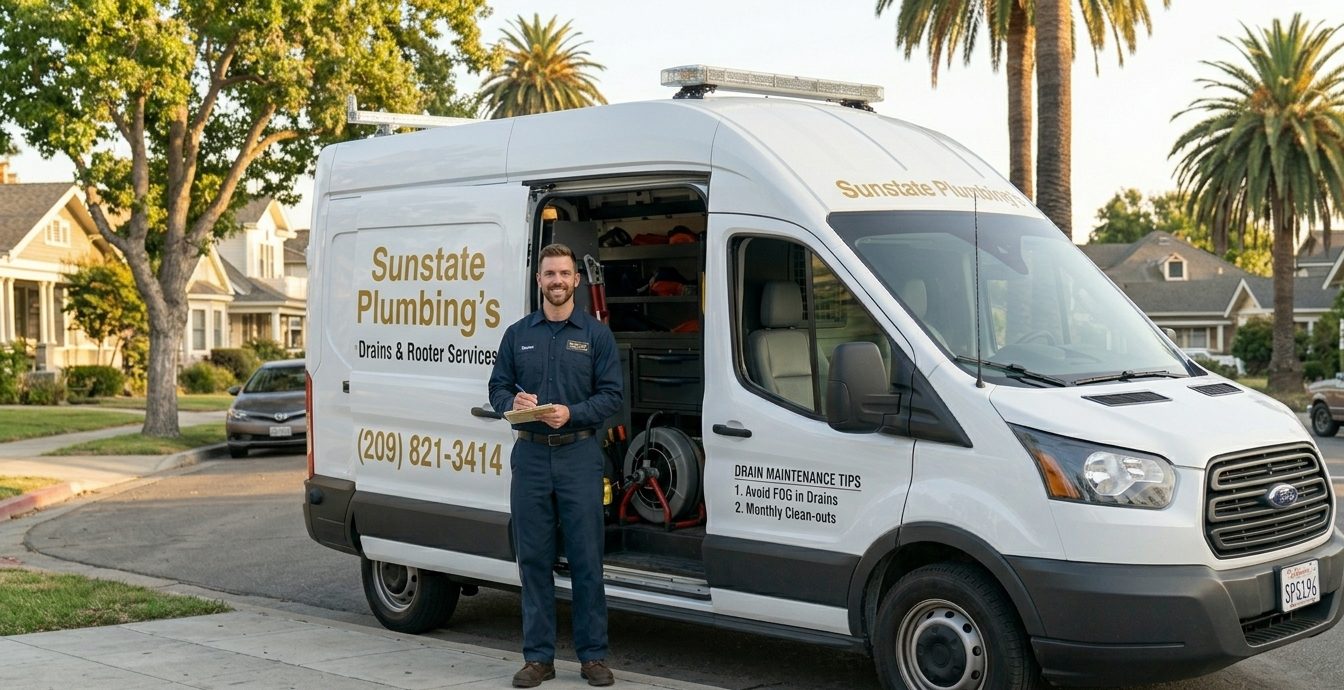 Sunstate Plumbing's FAQ — Licensed plumber with clipboard, Drains & Rooter Services