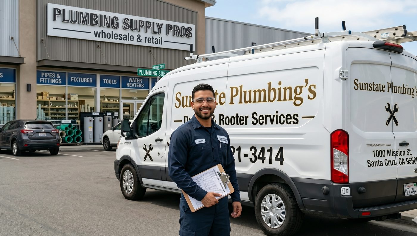Sunstate Plumbing's full-service plumbing van — Drains, Rooter, Heating — (209) 821-3414
