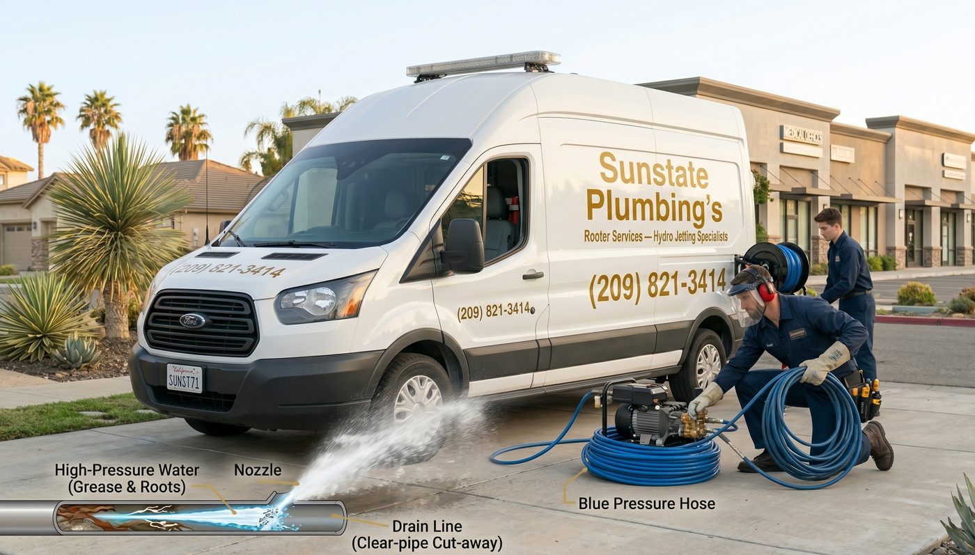 Sunstate Plumbing's hydro jetting van with high-pressure equipment — Licensed Hydro Jetting — (209) 821-3414