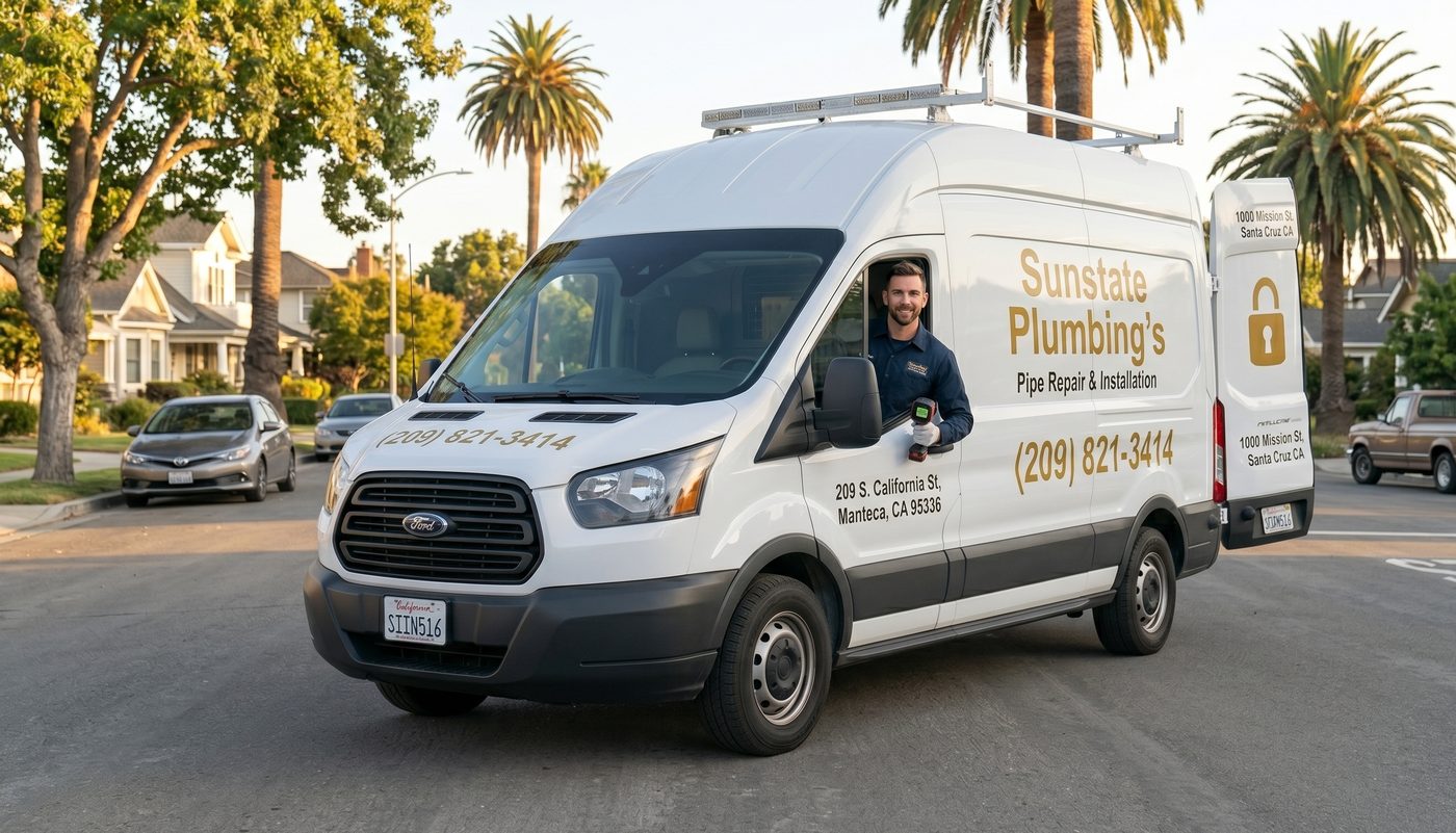 Sunstate Plumbing's pipe repair and installation van — All pipe types — (209) 821-3414 — Santa Cruz CA